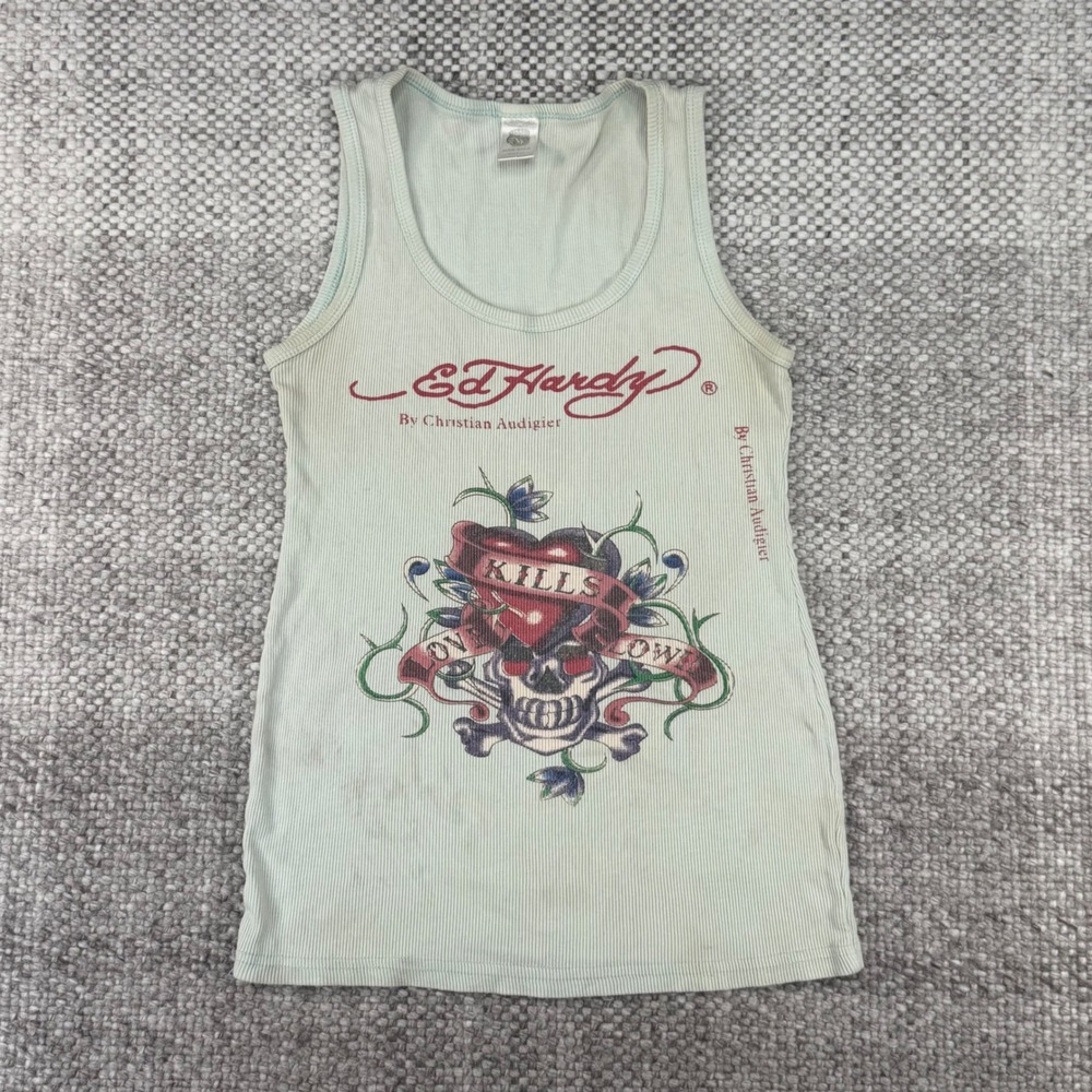 Ed Hardy Tank Top Womens One Size Light Blue Love Kills Slowly Y2K Ribbed Knit